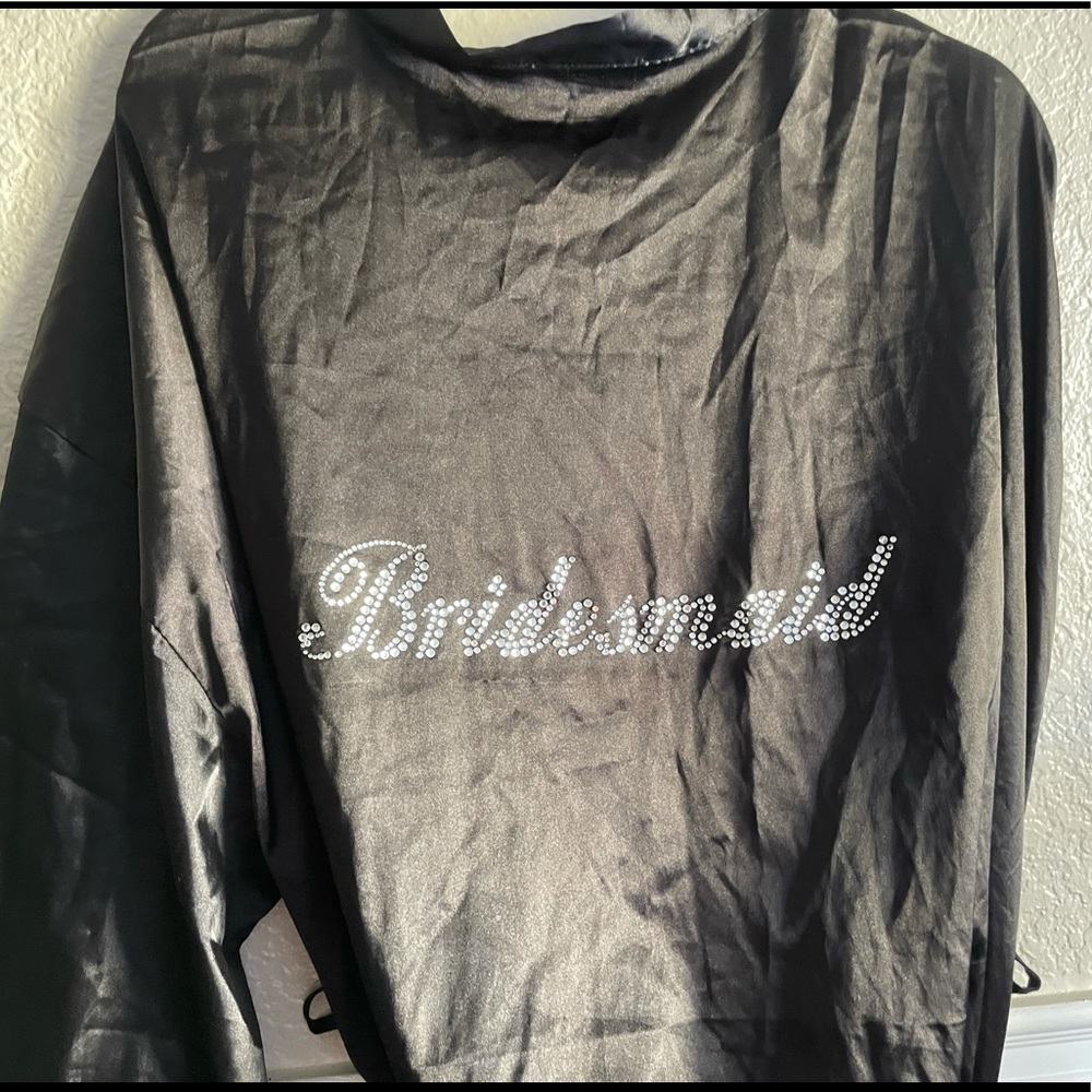 Black bedazzled bridesmaid robe.